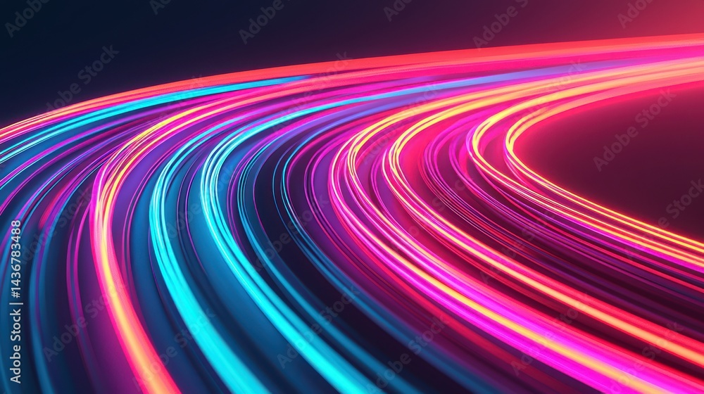 Poster vibrant neon light trails curve dynamically against a dark background, creating a futuristic and ene