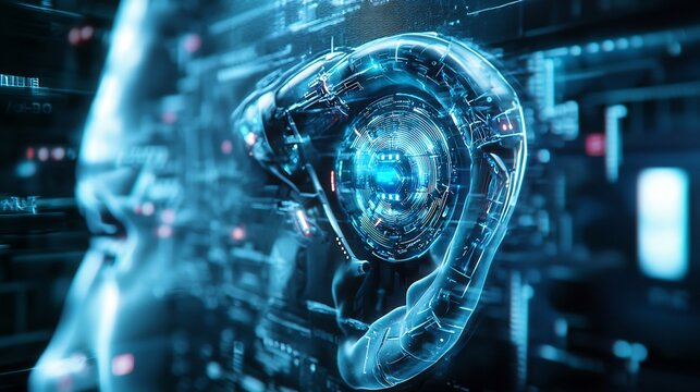 Digital representation of a human head with glowing blue circuitry and futuristic technology elements - Powered by Adobe