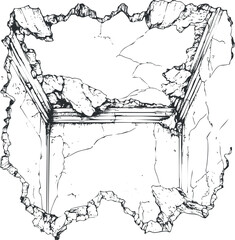 Obraz premium Top view sketch of a broken wall with cracked and shattered concrete pieces showing structural damage