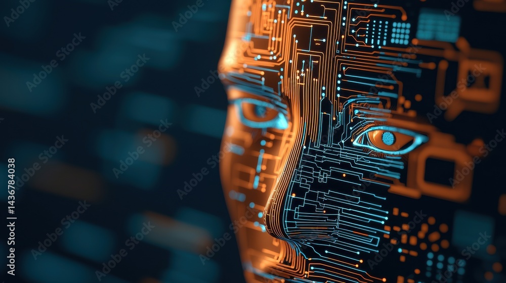Poster a digital human face composed of glowing circuit lines symbolizes artificial intelligence and advanc