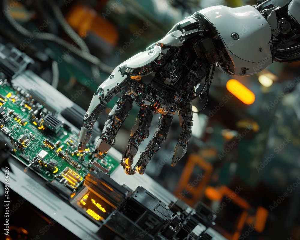 Poster close-up of a robotic hand gracefully interacting with a circuit board in a futuristic tech environm