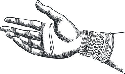 Detailed black and white sketch of an open female hand adorned with decorative bracelets on the wrist. © vadymstock