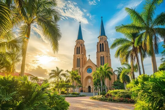 Saint Peter and Paul Cathedral with palm trees at sunrise - Powered by Adobe