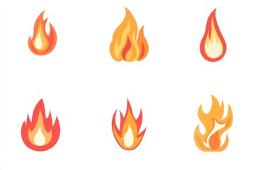 Six fire icons; various shapes and colors; white background; website graphics