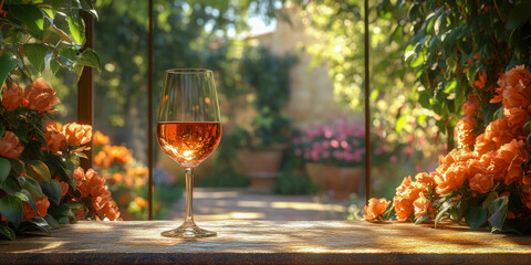 Rose wine glass rests on a stone ledge surrounded by vibrant flowers in a cozy gazebo setting