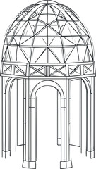 Black and white line art sketch of a decorative gazebo with arches and dome framework