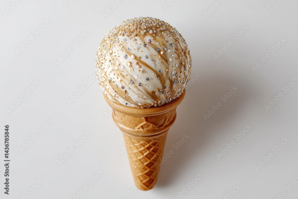Aufkleber Gelato Ball Topped With Sparkles in a Waffle Cone Placed on a White Surface