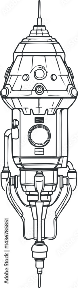 Poster black and white line drawing of a complex mechanical industrial machine with various components and 