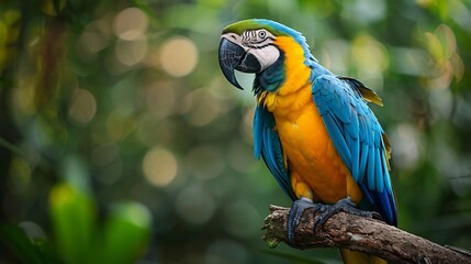 Stunning blue and yellow macaw perched on a twisted jungle vine intelligent gaze and powerful beak ultra detailed wildlife shot