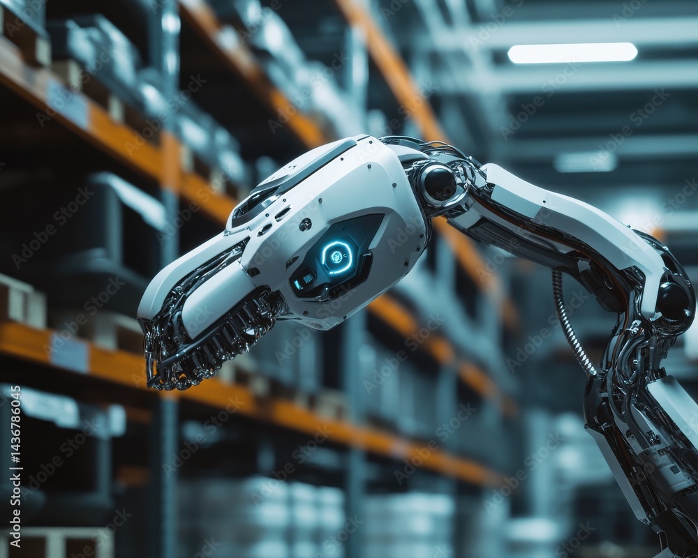 Poster a futuristic robotic arm with intricate mechanics, set against a backdrop of industrial storage. hig
