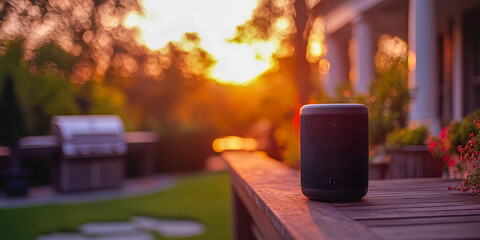 Outdoor gathering in BBQ area with a Bluetooth speaker during sunset amidst vibrant colors and relaxing atmosphere