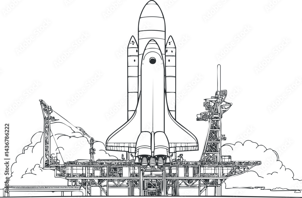 Aufkleber detailed black and white line drawing of a space shuttle on launchpad ready for launch with clouds i