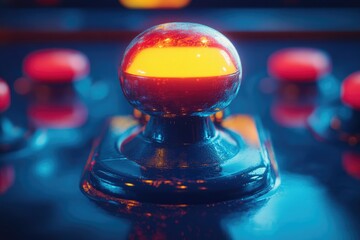 Close-up of a glowing joystick ball on a retro arcade machine control panel.