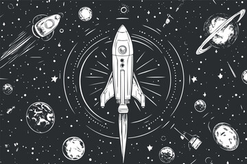 Black and white illustration of a rocket flying in space with planets, stars, and satellites surrounding it © vadymstock
