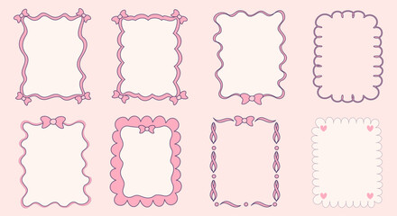 Coquette frame with ribbon and bow for valentne design. Coquette border with elegant line. Frame vintage cute style. Vector romantic illustration	