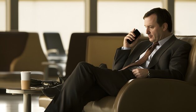 Thoughtful businessman seated in airport lounge, engrossed in conversation.