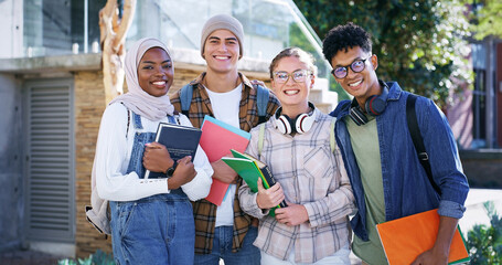 Students, happy and portrait at university for education, diversity and friendship on campus. People, academic or smile with books for about us, group project team or excited for learning development