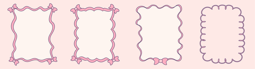 Coquette frame with ribbon and bow for valentne design. Coquette border with elegant line. Frame vintage cute style. Vector romantic illustration	