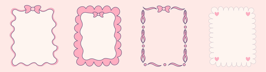Coquette frame with ribbon and bow for valentne design. Coquette border with elegant line. Frame vintage cute style. Vector romantic illustration	