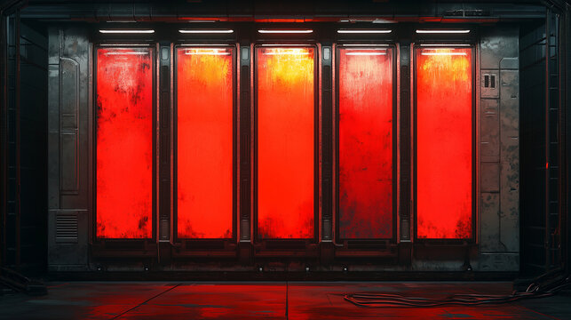 Futuristic sci fi corridor with glowing red illuminated panels, industrial metallic walls, dark moody atmosphere.