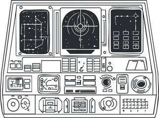 Monochrome control panel illustration with multiple screens and buttons for monitoring and navigation