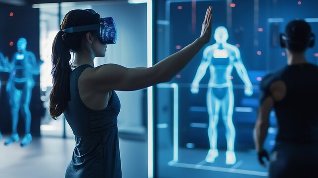 Woman using virtual reality headset interacting with a holographic human body in a futuristic room - Powered by Adobe