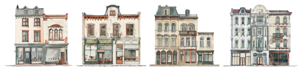 Fototapeta premium PNG Vintage European architectural facades, element set on transparent background