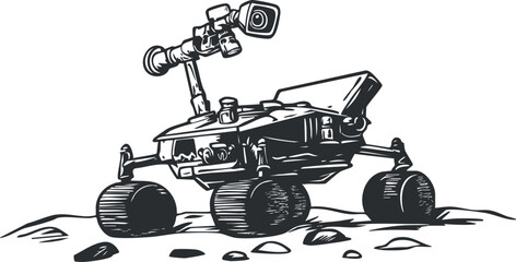Black and white illustration of a Mars rover exploring rocky planetary surface with camera mounted