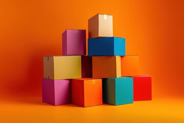 Obraz premium A vibrant pyramid of colorful cardboard boxes against an orange backdrop.
