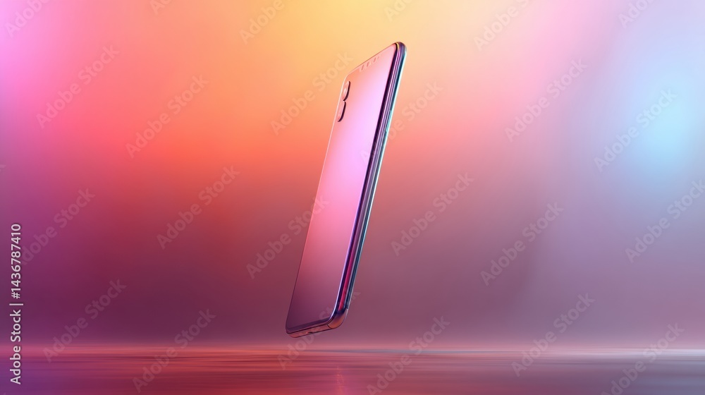 Poster floating smartphone surrounded by colorful gradient fog creates a dreamy aesthetic atmosphere
