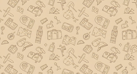 Contemporary minimalist seamless pattern featuring travel elements, including suitcases, maps, compasses, and landmarks. Hand-drawn illustrations that create an atmosphere of adventure and discovery. 