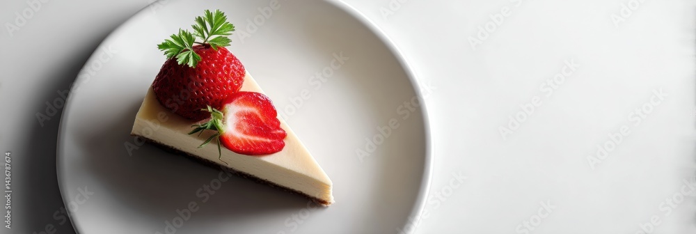 Poster delicate cheesecake slice topped with fresh strawberries on a pristine white background showcasing s