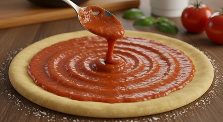 Spoon spreading tomato sauce in circular motion over pizza dough, highlighted texture, visible edge, rustic wooden background, homely and appetizing atmosphere.