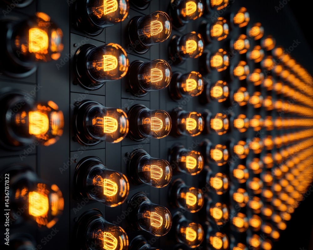 Poster close-up of multiple glowing vintage filament light bulbs arranged in a grid pattern, creating a war