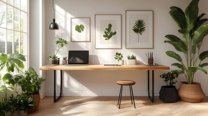 Fototapeta premium Bright and Airy Home Office with Wooden Frames and Green Decor