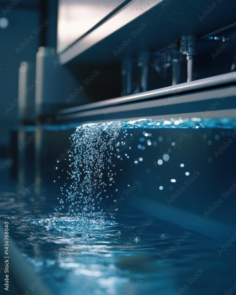 Poster close-up of water cascading into a pool, with sparkling water droplets creating a tranquil scene.