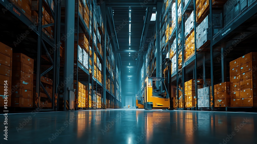 Poster a modern warehouse interior featuring automated storage solutions and a forklift navigating through 