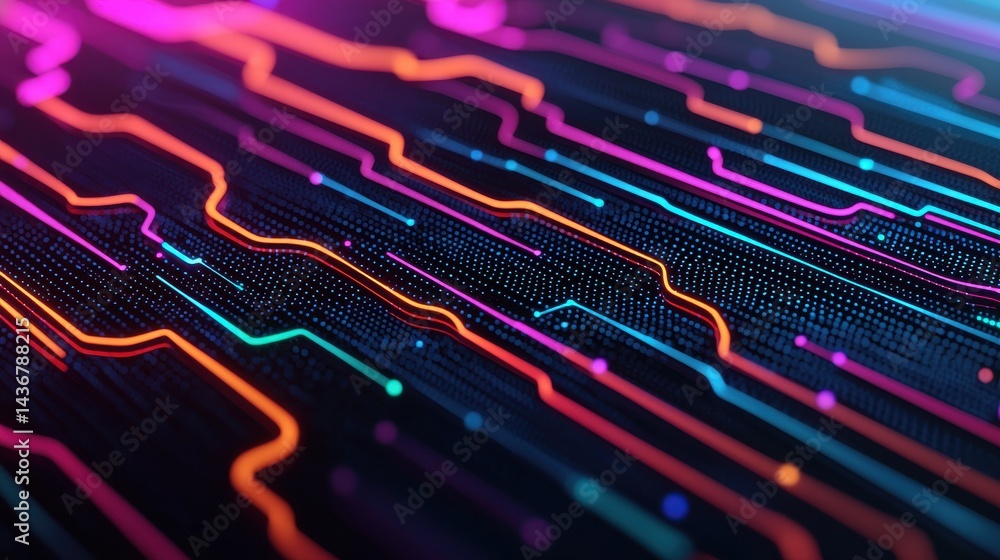 Poster abstract digital circuit lines in neon colors flow across a dark background, evoking futuristic tech