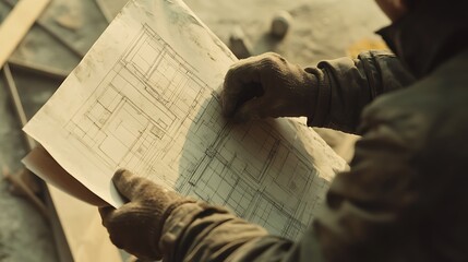 Naklejka premium Construction Worker Reviewing Blueprint Plans