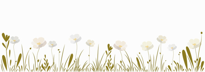 Beautiful spring meadow, white and beige flowers and grass border on white background, vector illustration