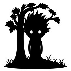 Spooky Creature Silhouette Vector Standing by Tree Illustration

