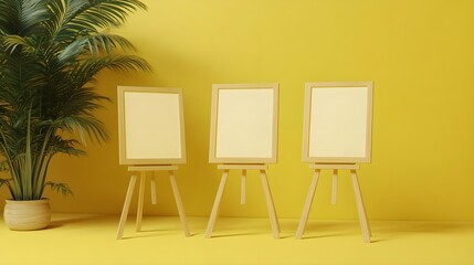 Wooden Frames on Easels with Solid Color Background and Plant