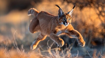 Fototapeta premium Stunning caracal mid leap tufted ears pointed forward golden fur blending into the desert landscape cinematic wildlife shot