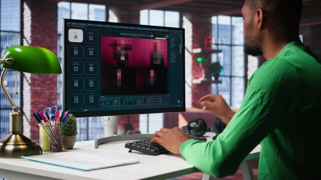 African American IT expert using AI technology to generate realistic images from text prompts. Young adult engaging with artificial intelligence tools online, text to image. Camera B.