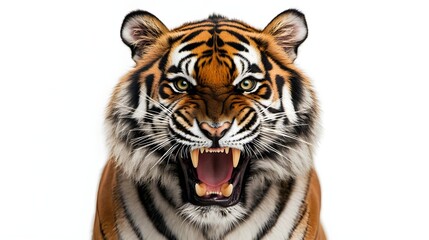 Obraz premium Roaring Tiger Isolated on White Background with Detailed Features