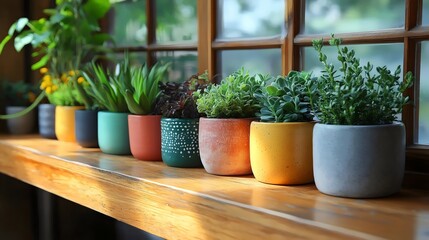 Fototapeta premium Various potted plants are displayed on a wooden windowsill, with sunlight highlighting the scene.