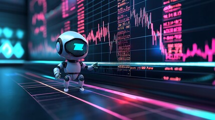A small robot presenting stock market data on a screen with a futuristic grid floor and neon lighting