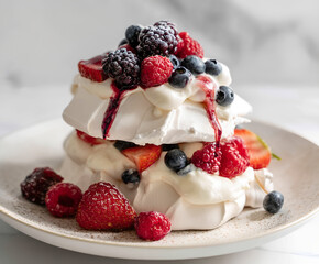 Spring berry pavlova dessert with cream and fruit