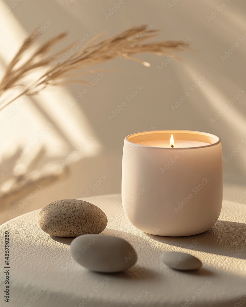 Poster a serene scene featuring a lit candle surrounded by smooth stones and soft light, creating a tranqui