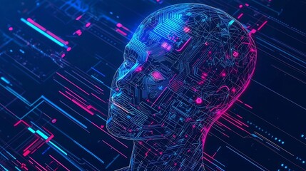 Digital human head with circuit board patterns and neon lights against a dark blue background art